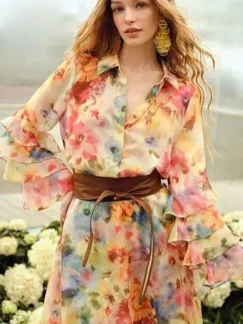 Women's Floral Print Ruffle Detail Romantic Elegant Long Sleeve Shirt blouse